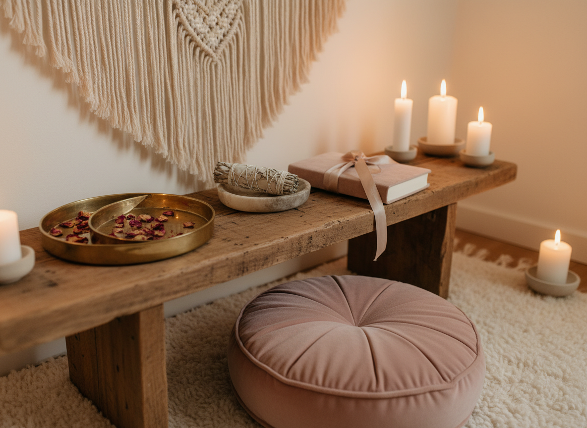 A cozy indoor ritual corner with a low wooden bench holding a carefully curated collection of feminine symbols: a crescent moon-shaped brass tray, a small bowl of rose petals, a bundle of sage resting on a stone dish, and a closed, ribbon-tied journal. Above the bench, a simple macramé wall hanging adds soft texture. The floor is covered with a light, fluffy rug and a single blush velvet cushion in the foreground, slightly out of focus. Warm, indirect lamplight and a few lit candles create a golden, intimate glow. Photographic realism, shot from a low angle, playful yet soothing, evoking the sacred softness of women’s circles and self-ritual spaces.