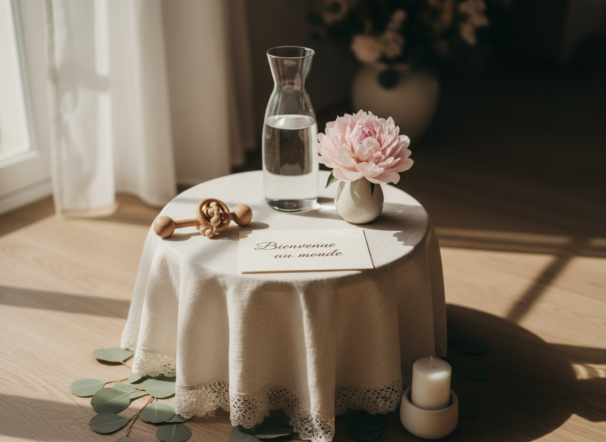 A small, round altar table dedicated to a baby’s laïque baptism, draped in a light ivory cloth with a subtle lace edge. On it rests a delicate glass carafe of water, a pale pink peony in a tiny ceramic vase, a handcrafted wooden rattle, and a folded card with elegant script reading “Bienvenue au monde”. Around the table are scattered eucalyptus leaves and a single white candle in a matte ceramic holder. Soft, natural window light illuminates the scene from the side, casting gentle shadows. Photographic realism, close-up at eye level with shallow depth of field, creating a tender, nurturing mood that feels pure, joyful, and full of new beginnings.