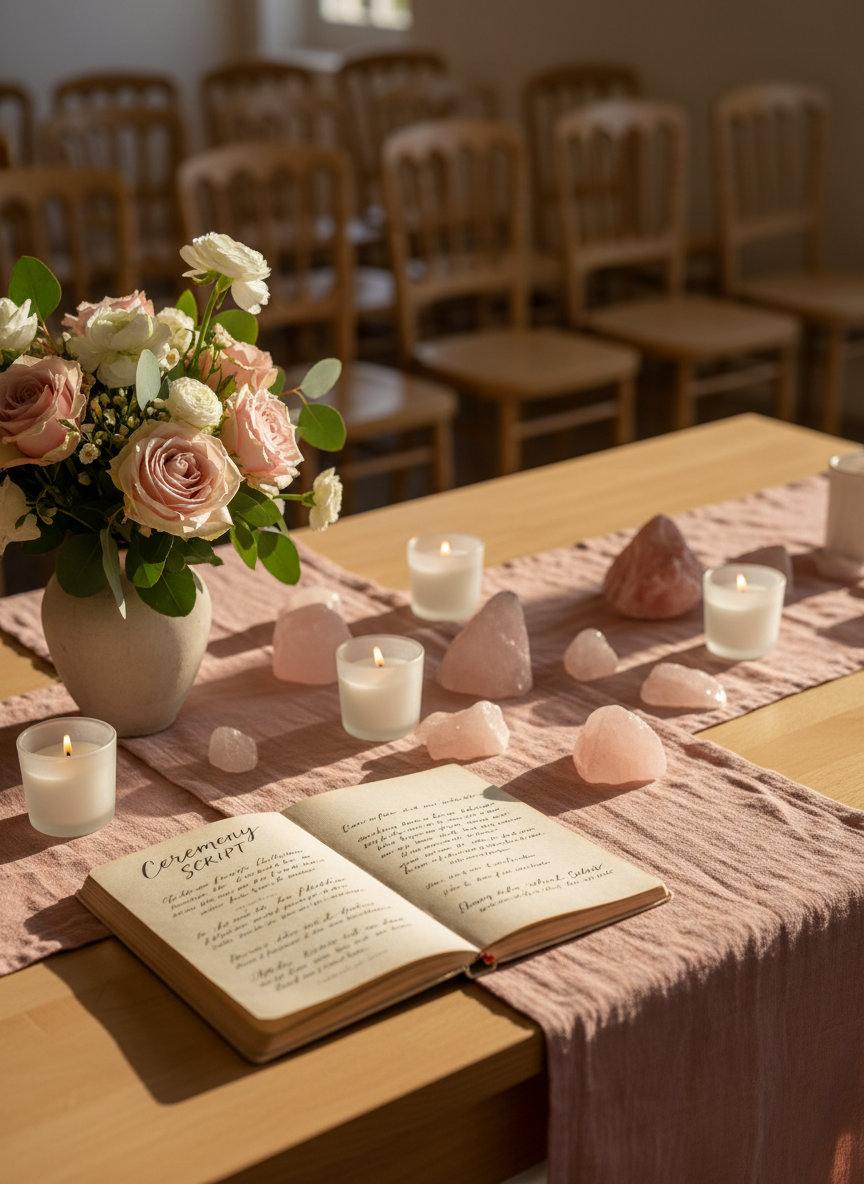 A delicately arranged ceremonial altar on a smooth, pale wooden table, covered with a soft blush linen runner and dotted with rose quartz stones and small white candles in frosted glass holders. A bouquet of pale pink and cream flowers rests in a simple clay vase beside an open, handwritten ceremony script with elegant calligraphy. In the background, rows of empty wooden chairs are softly blurred. Warm, late-afternoon natural light filters in from an unseen window, casting gentle golden highlights and soft shadows. Photographic realism, eye-level composition with shallow depth of field, creating a tender, inviting atmosphere that suggests an intimate, emotion-filled laïque ceremony without showing any people.