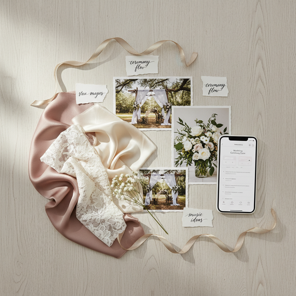 An elegantly styled flat lay of a wedding ceremony mood board on a pale wooden surface: swatches of soft blush, champagne, and ivory fabrics, printed color photos of outdoor altars and delicate floral arrangements, and handwritten notes on small torn-edge cards. A thin gold ribbon coils playfully across the scene, with a single sprig of baby’s breath laid diagonally. A smartphone displaying a digital ceremony outline sits to one side, adding a modern touch. Soft natural light from the left creates gentle highlights and barely-there shadows. Photographic realism, top-down composition with balanced negative space, capturing a creative, playful, and organized approach to designing a bespoke laïque ceremony.