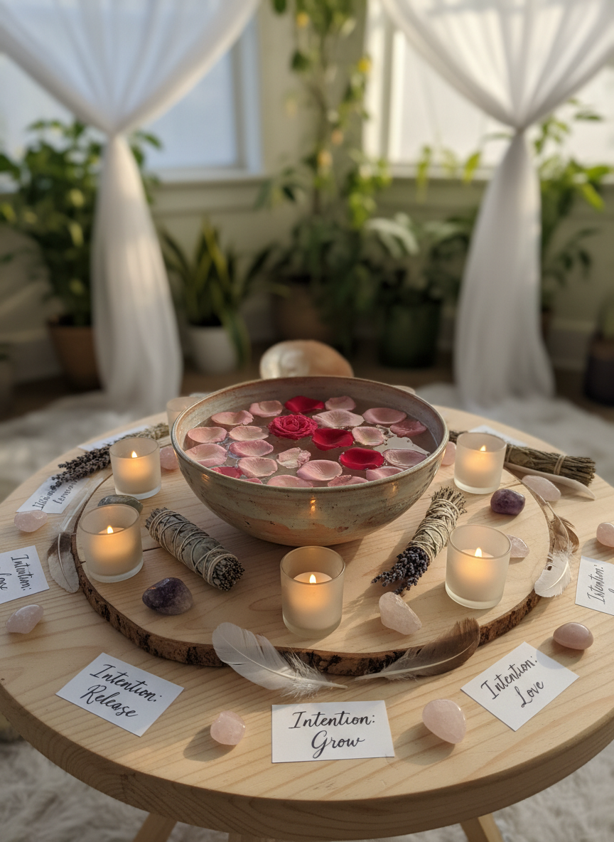 A serene ceremony table set for a women’s circle of intention-setting, featuring a large ceramic bowl filled with water and floating rose petals at the center. Around it, small handwritten intention cards rest beside tiny crystals and tea light candles in frosted holders. Feathers, dried herbs, and a single seashell are arranged in a subtle spiral around the bowl. The table itself is raw, light wood, and the softly blurred background hints at draped fabric and greenery. Warm, diffused evening light and candle glow combine to create a mystical yet gentle atmosphere. Photographic realism, eye-level composition, evoking a playful, sacred, and deeply feminine ritual space.