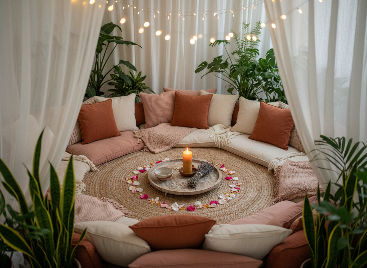 A circular arrangement of cushions and soft blankets on a natural jute rug, each cushion in muted tones of rose, terracotta, and cream, surrounding a low wooden tray filled with symbolic objects: a lit beeswax candle, a small ceramic bowl of water, a bundle of dried herbs, and a scattering of flower petals. The space is enclosed by light, flowing curtains and potted green plants along the edges, all slightly blurred. Warm fairy lights hang above, creating tiny bokeh orbs. Photographic realism, captured from a high, slightly off-center angle, conveying the intimate, feminine energy of a women’s circle or ritual space, calm yet playfully magical.