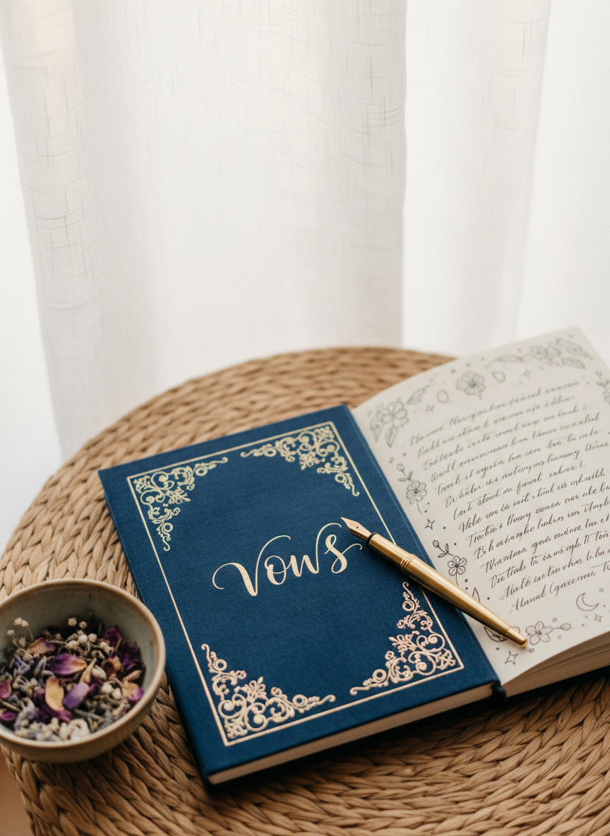 A close-up of a beautifully bound ceremony notebook lying open on a round rattan table, its creamy pages filled with neat handwritten vows and delicate doodles of flowers and moons. Next to it, a slim golden pen rests diagonally, and a small bowl of dried flower petals and lavender buds adds texture. Behind, a sheer white curtain billows slightly, out of focus, with soft daylight diffused through it, bathing the scene in a dreamy glow. Photographic realism, shot from a slightly elevated angle, with a playful yet serene mood that evokes creative preparation for a personalized, laïque wedding ceremony.