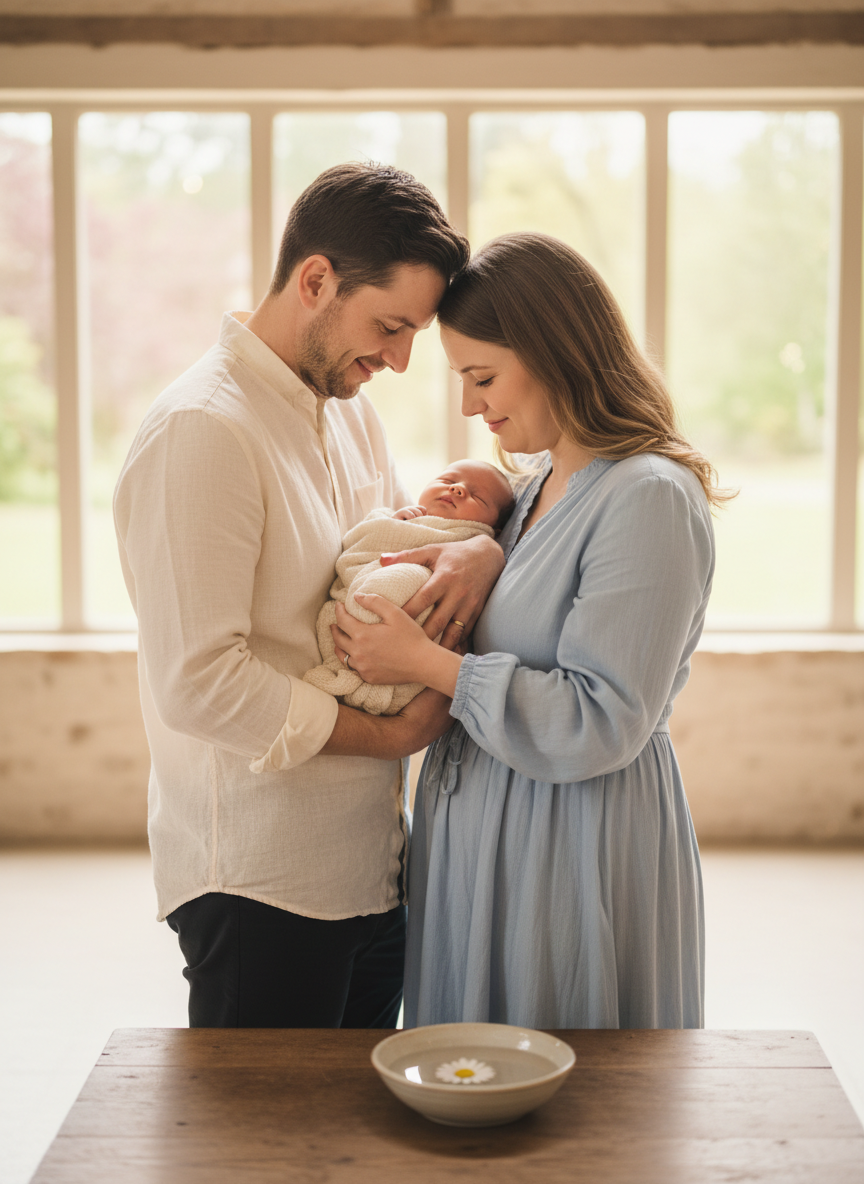 Photographic, soft and warm image of two loving parents holding their baby during a laïque baptism ceremony. The scene is intimate and gentle: they are standing close together near a simple ceremonial table with a small bowl of water and a single flower. The parents are casually elegant, the baby in light neutral clothes, with no visible religious symbols like crosses or churches. Background softly blurred, natural daylight, pastel tones, tender and emotional atmosphere, vertical portrait framing.