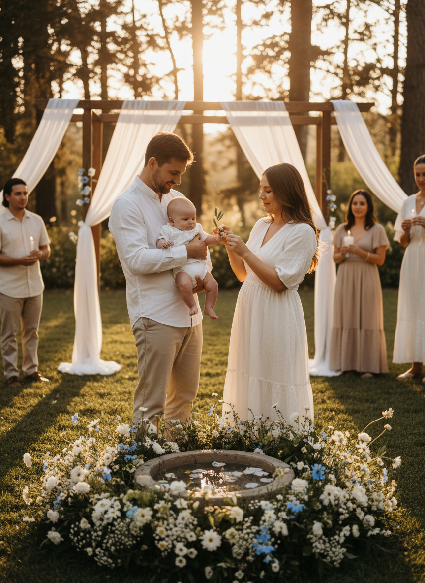 Parents with their baby during a secular baptism, soft and poetic atmosphere, warm natural light, vertical framing