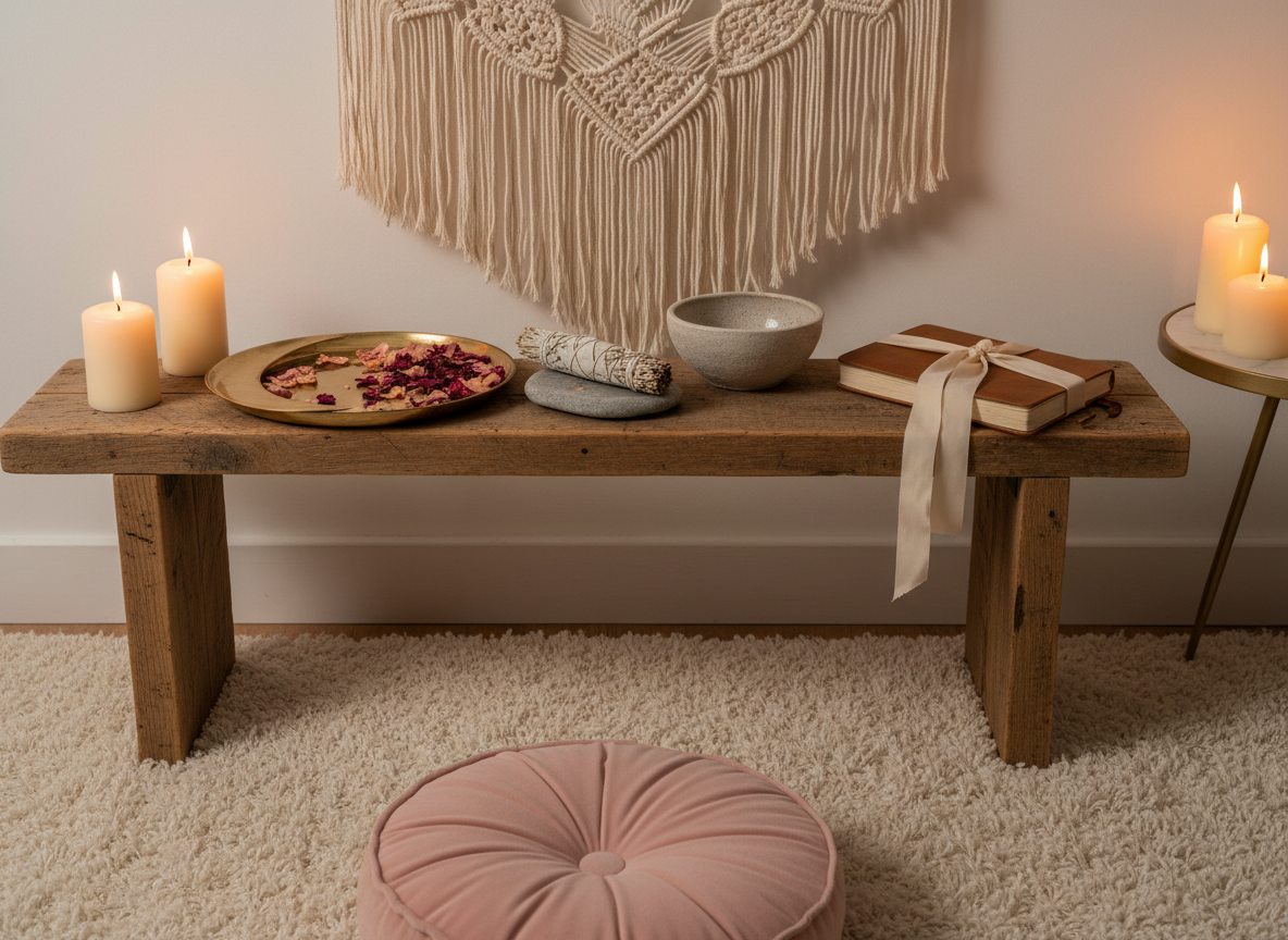 A cozy indoor ritual corner with a low wooden bench holding a carefully curated collection of feminine symbols: a crescent moon-shaped brass tray, a small bowl of rose petals, a bundle of sage resting on a stone dish, and a closed, ribbon-tied journal. Above the bench, a simple macramé wall hanging adds soft texture. The floor is covered with a light, fluffy rug and a single blush velvet cushion in the foreground, slightly out of focus. Warm, indirect lamplight and a few lit candles create a golden, intimate glow. Photographic realism, shot in horizontal landscape orientation to match other service card images, evoking the sacred softness of women’s circles and self-ritual spaces.