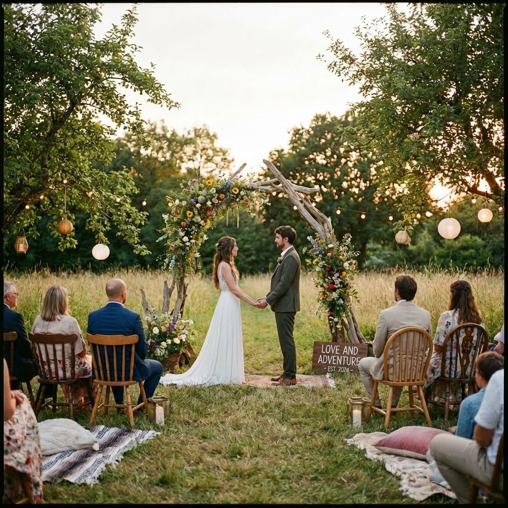 Bride and groom exchanging vows under a floral arch with a Love and Adventure sign.
