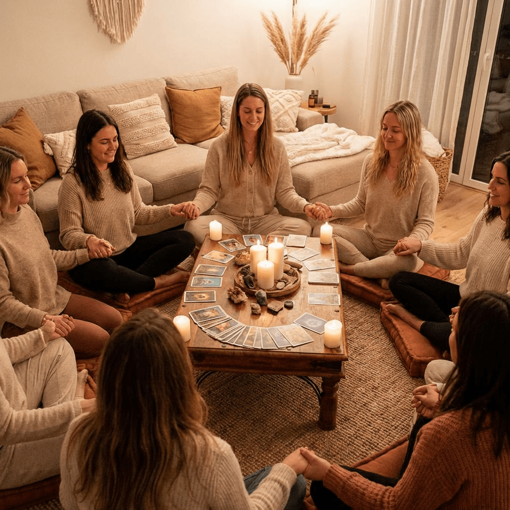 A group of women sitting in a circle, holding hands around a table with cards and candles.
