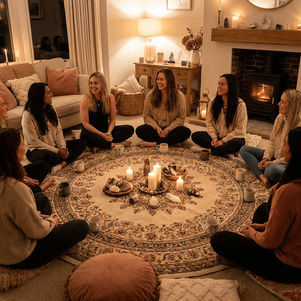 Women sit in a circle on a patterned rug around candles and crystals in a cozy room.