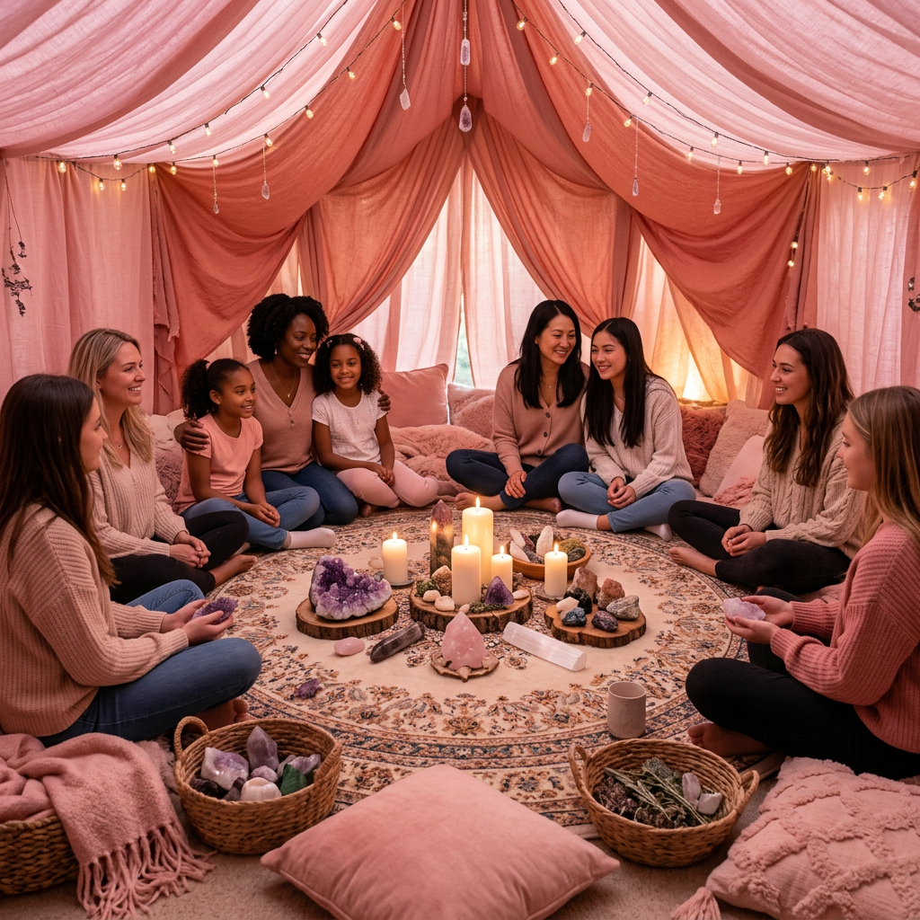Women and girls in crystal healing circle Women and girls sitting in a circle inside a pink draped tent with crystals and candles on a rug in the center