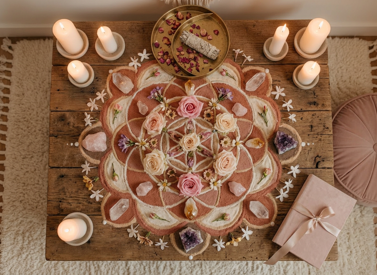 Intricate floral and crystal altar setup Mandala altar with roses, crystals, lit candles, dried flowers, sage stick, and tied journal